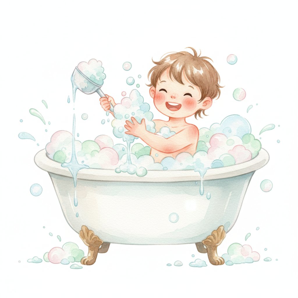 Child building foamy bubble towers and scooping bubble mountains in the bath