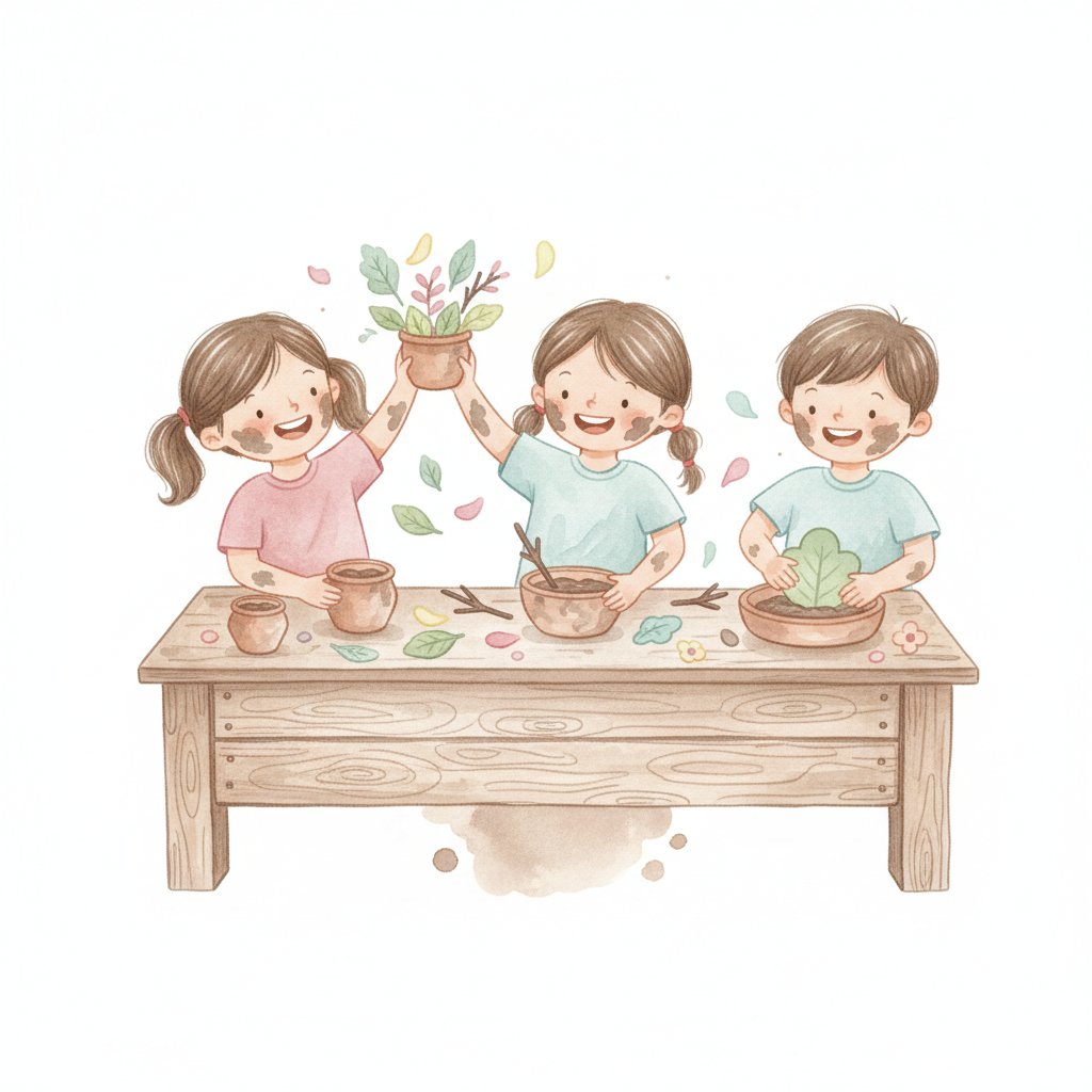 Watercolor of children playing at an outdoor mud kitchen