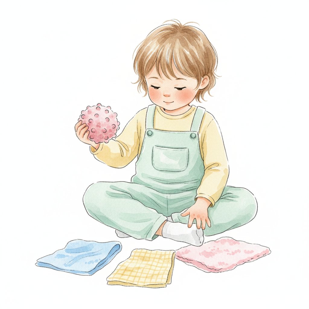 a preschooler calmly squeezing a soft sensory ball and feeling textured fabrics