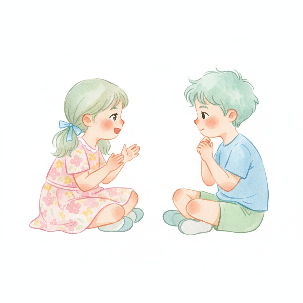 Two young children practicing active listening, one speaking and one attentive