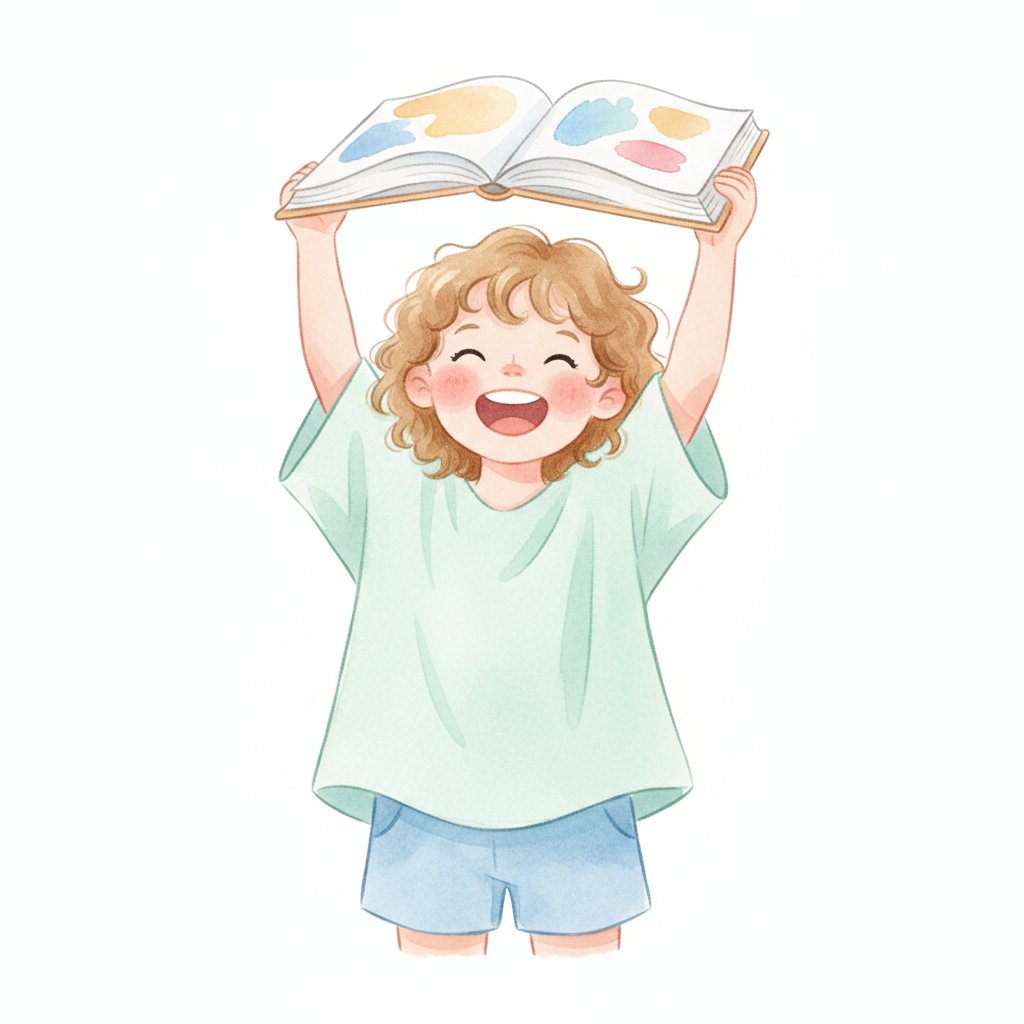 Watercolor illustration of a joyful child holding up a book in celebration