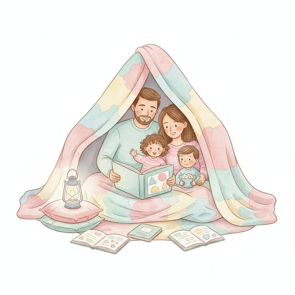 A family snuggled in a cozy blanket fort reading books