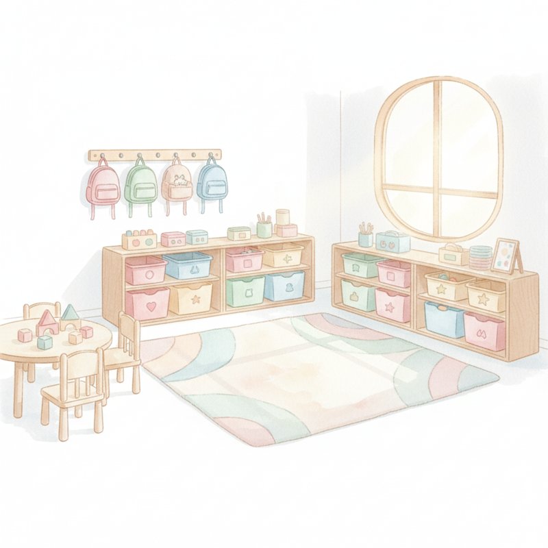 a tidy cheerful classroom with neatly labeled colorful bins and organized shelves