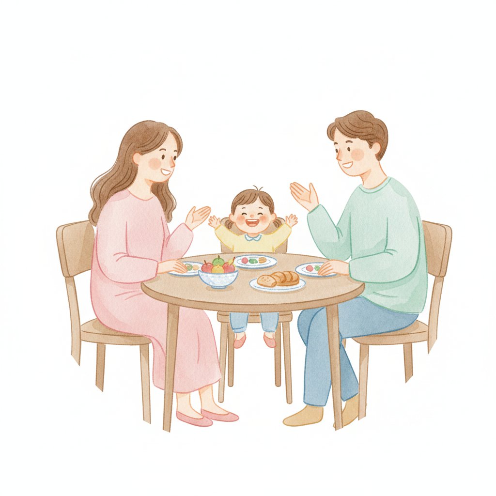 A family chatting together at the dinner table