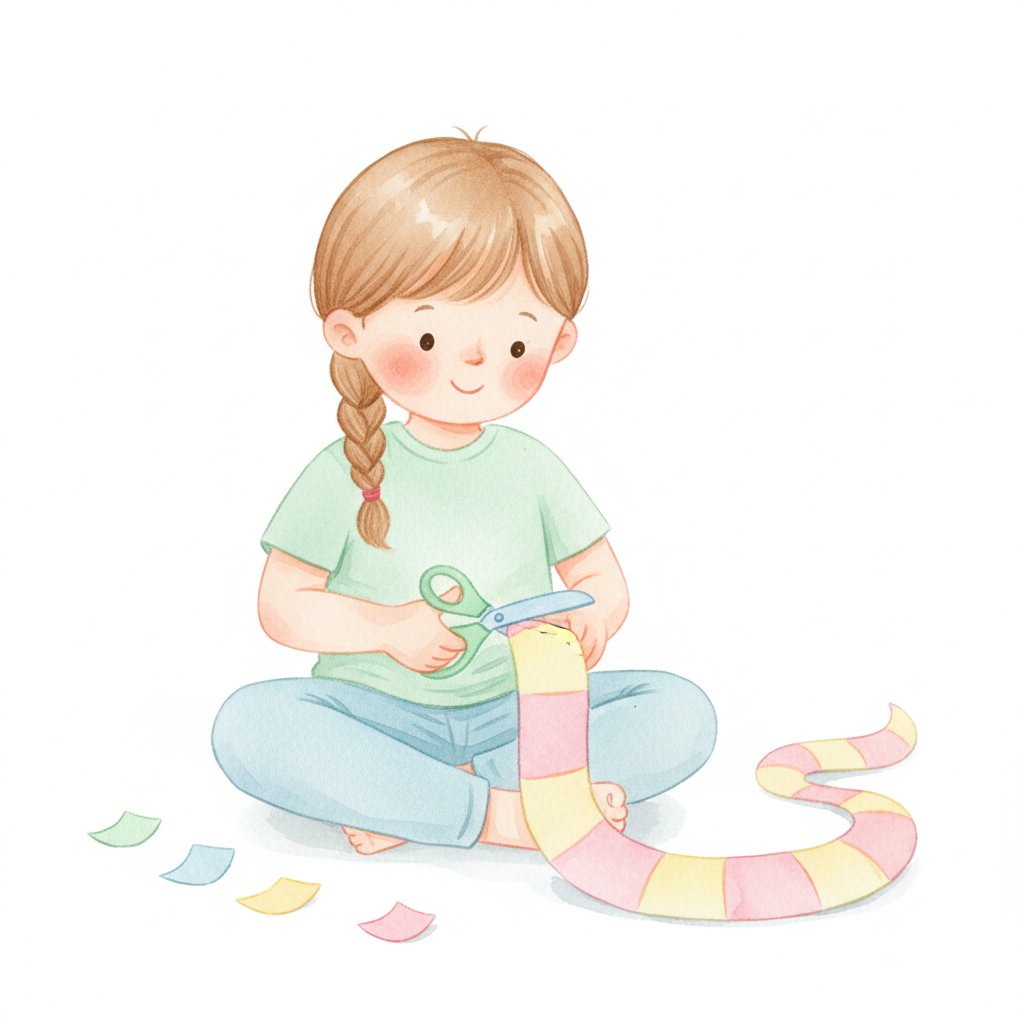 A proud child cutting a spiral paper snake craft with colourful safety scissors