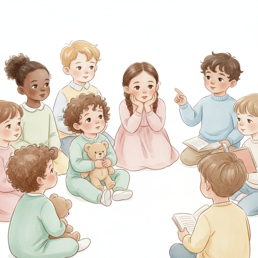 Young children of different ages listening attentively to a storyteller