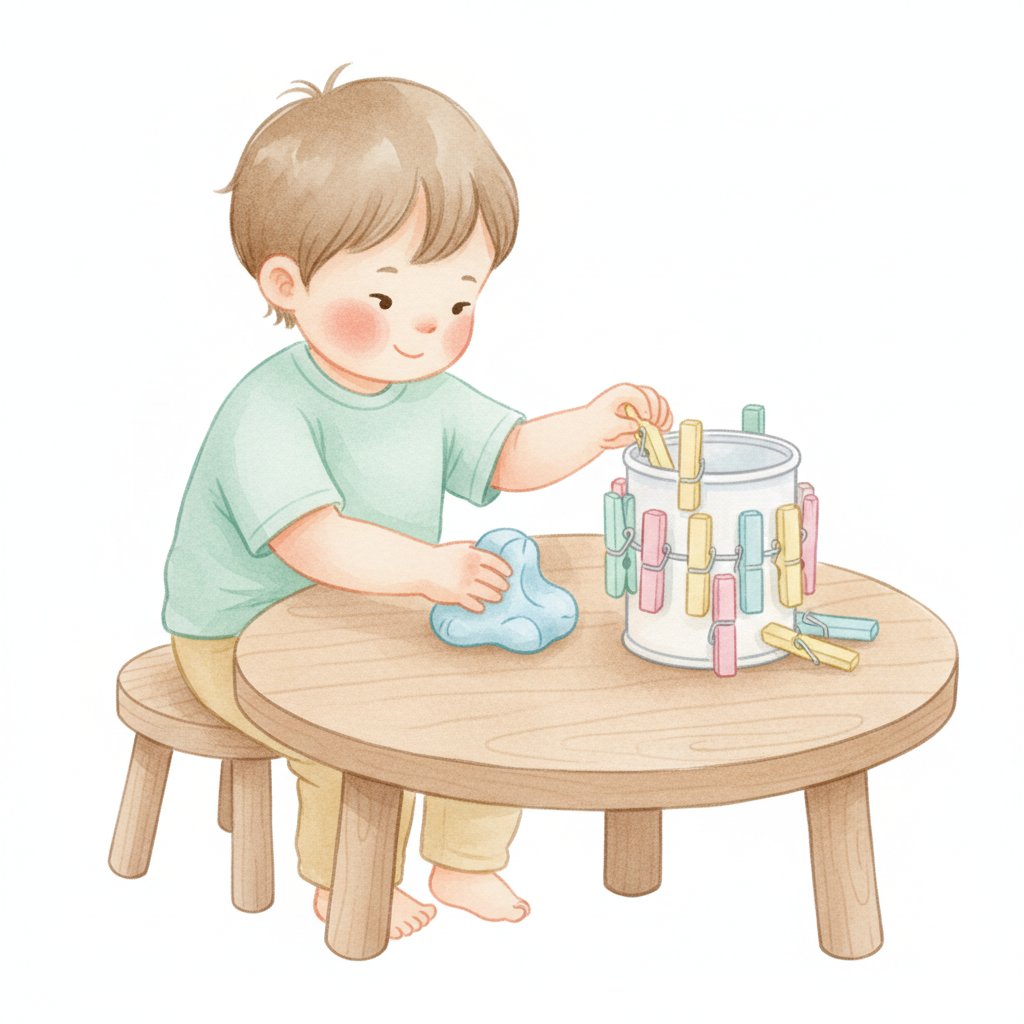 A child squeezing playdough and clipping colourful clothes pegs to build hand strength