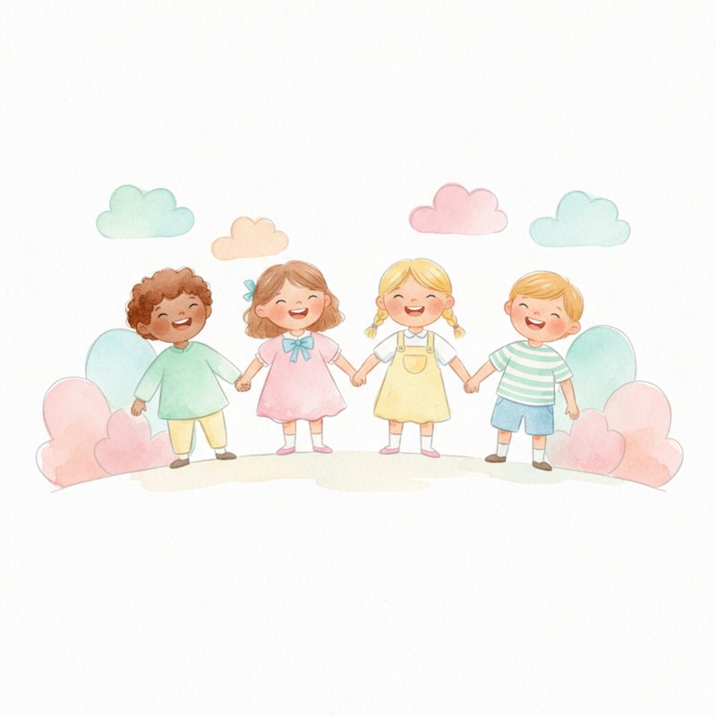 Watercolor illustration of a cheerful group of preschool friends playing happily together
