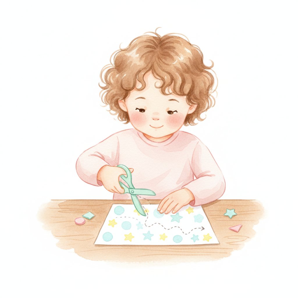A young child at a table cutting along printed practice lines on a worksheet with safety scissors