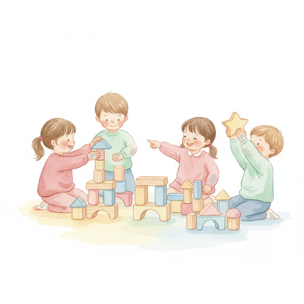 A small group of young children building a block town together on the floor