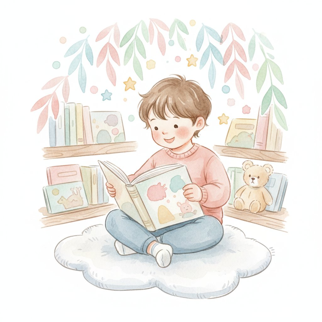 Child reading a picture book independently in a cozy corner
