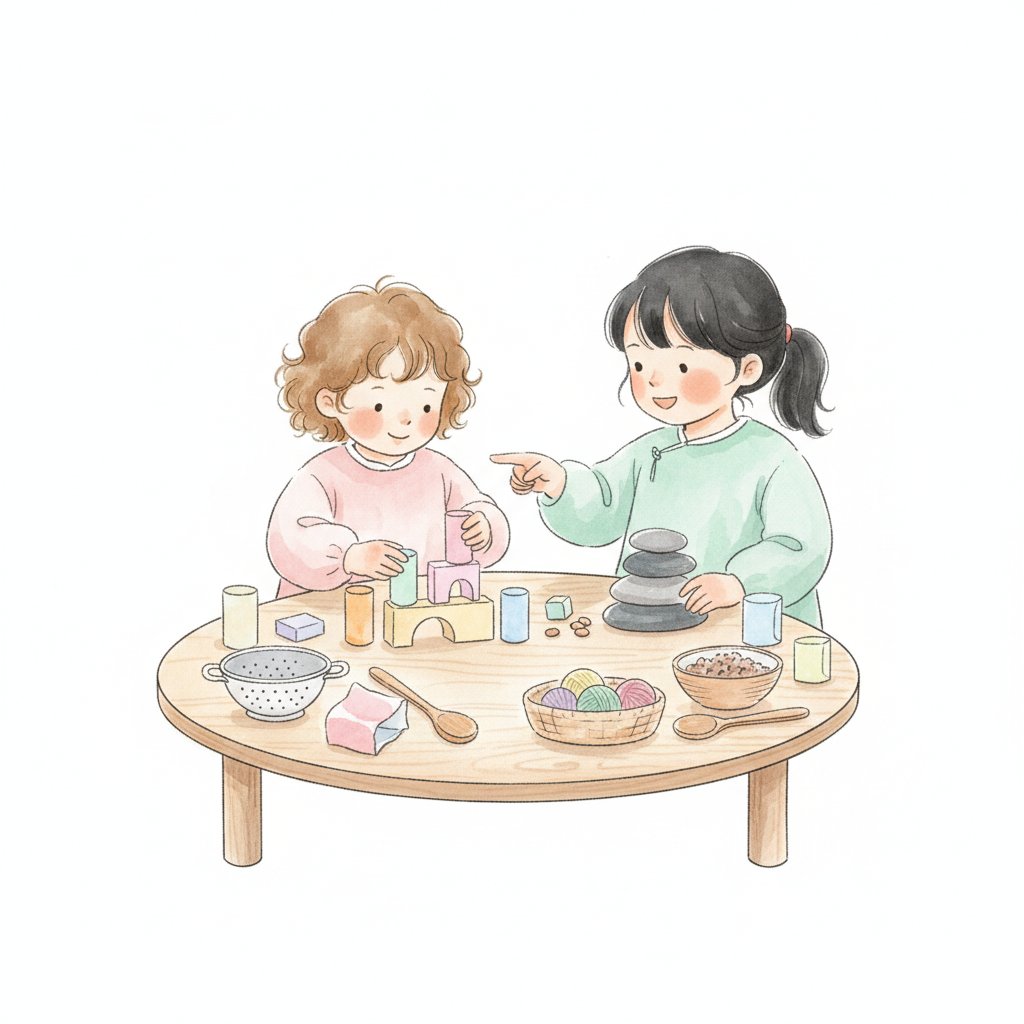 Two children of different ages playing and learning together