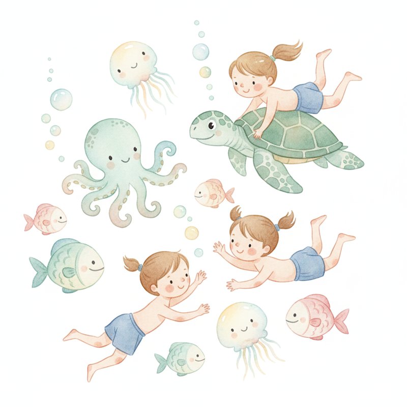 Watercolor illustration of cheerful preschoolers exploring an underwater ocean scene with fish, a turtle, and an octopus