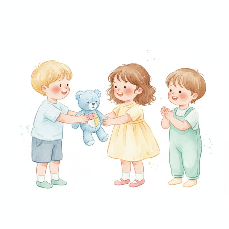 Cheerful preschoolers being kind and polite, sharing a toy and smiling