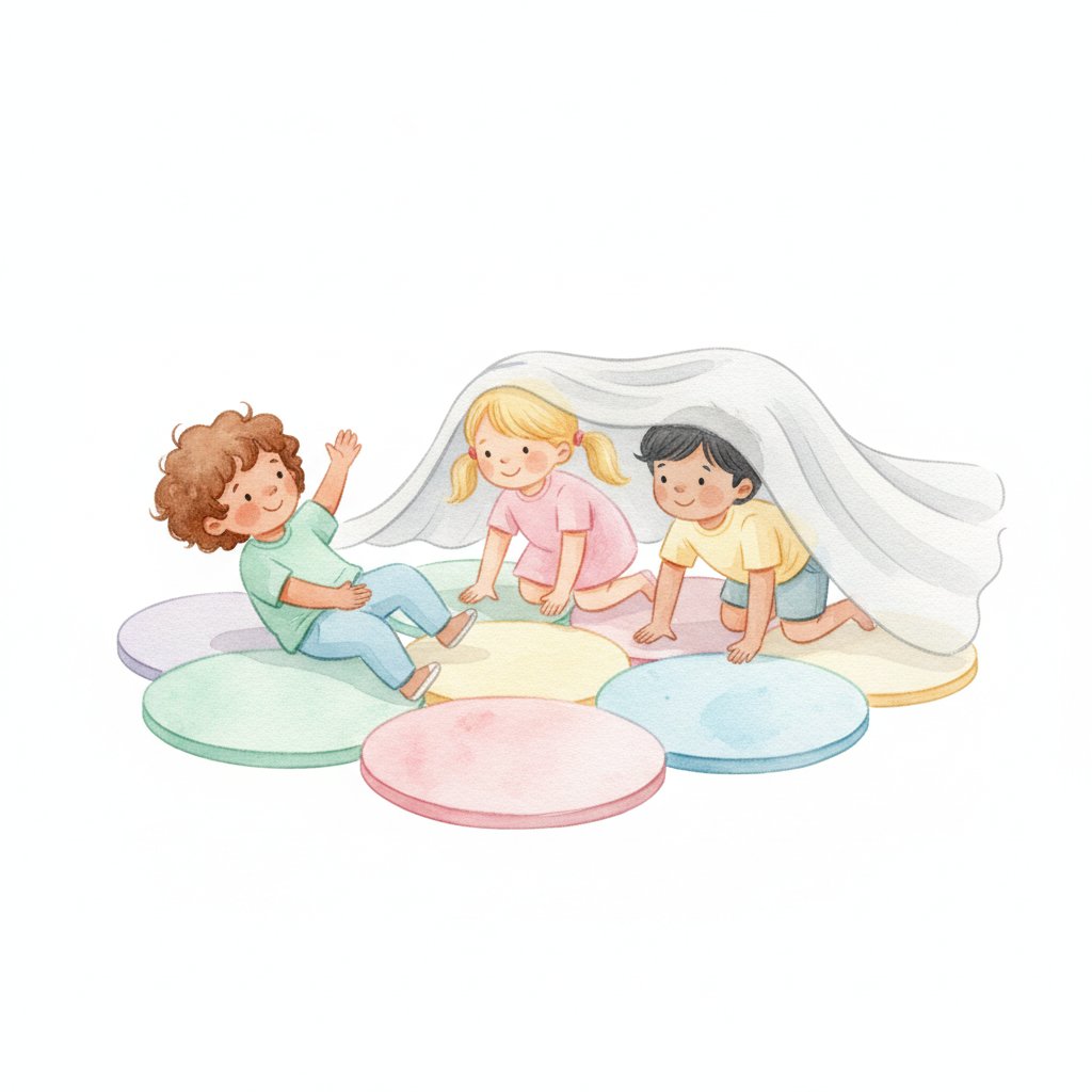 Watercolor illustration of preschoolers practicing fire safety, rolling on the floor and crawling under a pretend smoke blanket