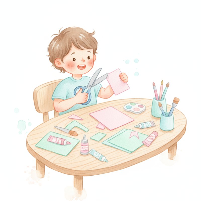 Watercolor illustration of a happy child cutting colorful paper with safety scissors at a craft table