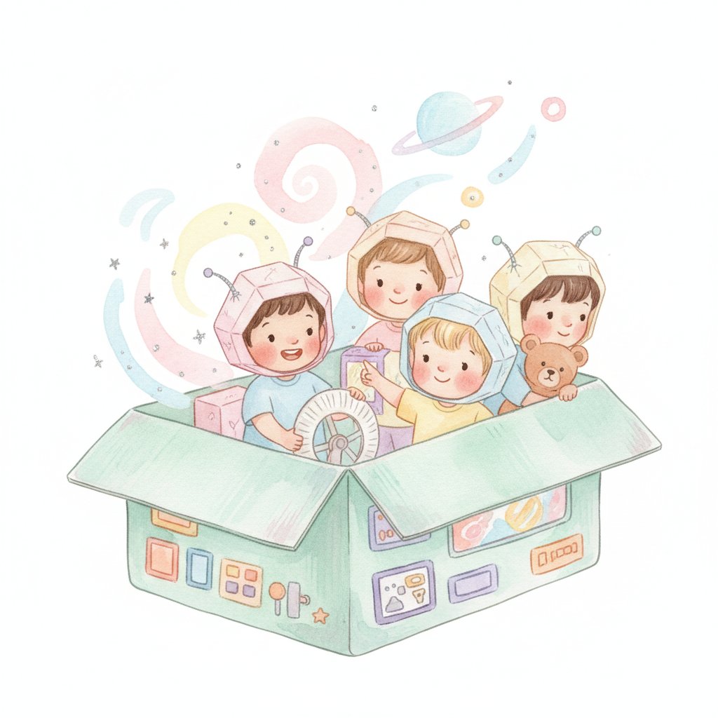 Children on a pretend space mission in a cardboard spaceship with paper helmets
