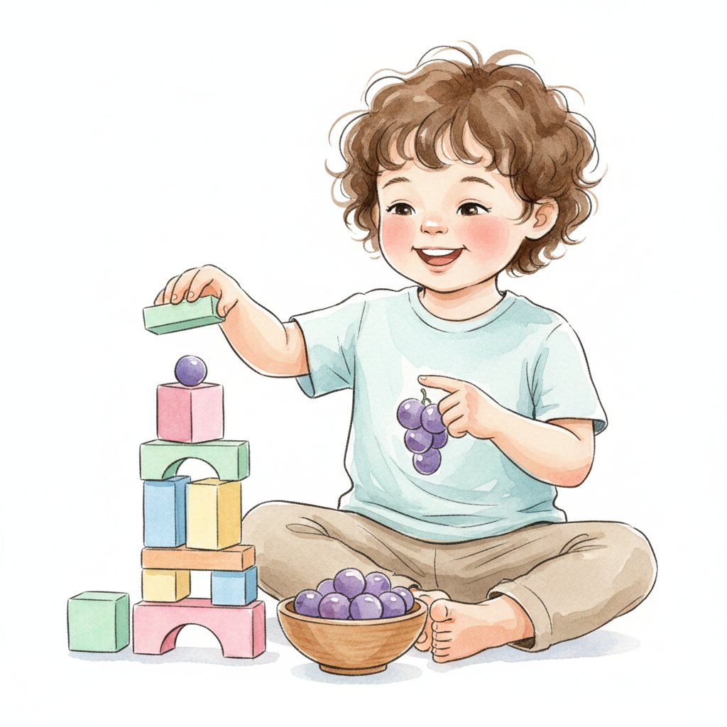 Child counting grapes at snack time and building a block tower