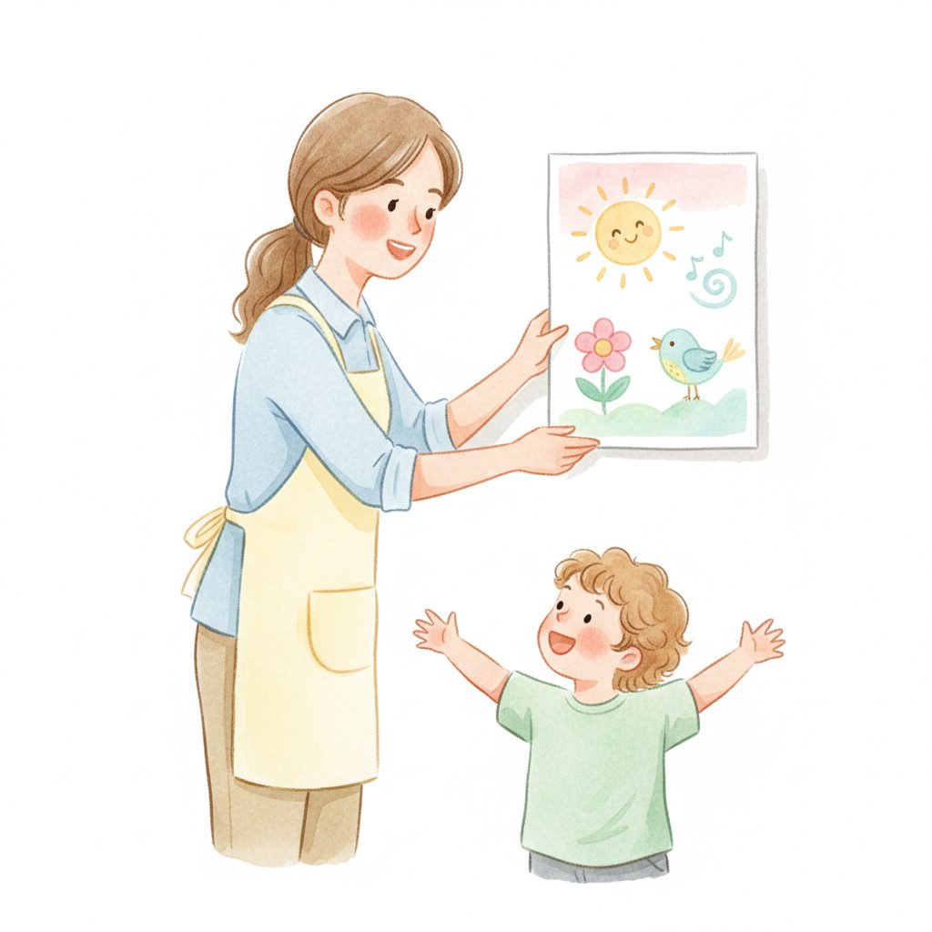 Teacher pinning a printed poster at child eye level