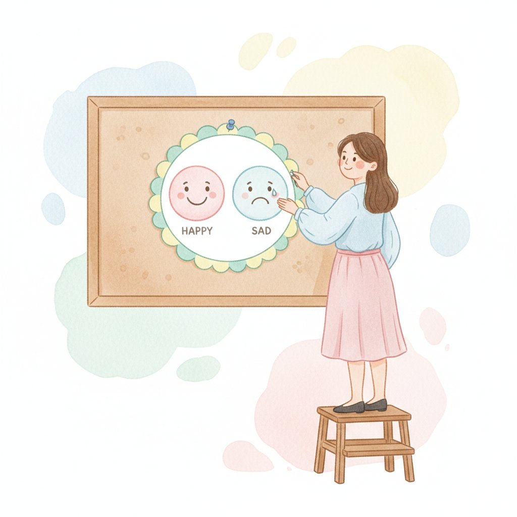 a teacher hanging a friendly feelings chart with happy and sad emotion faces