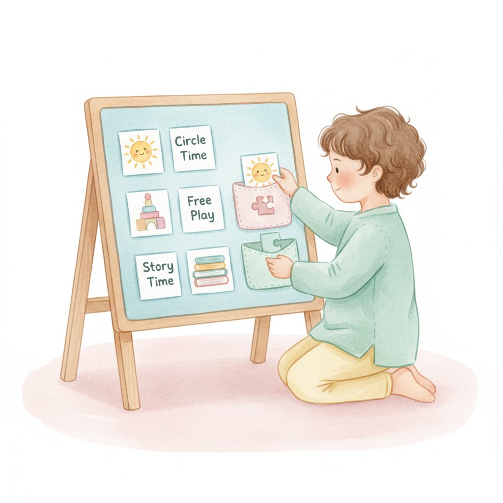 Child matching a picture activity card and placing a finished card in a done pocket