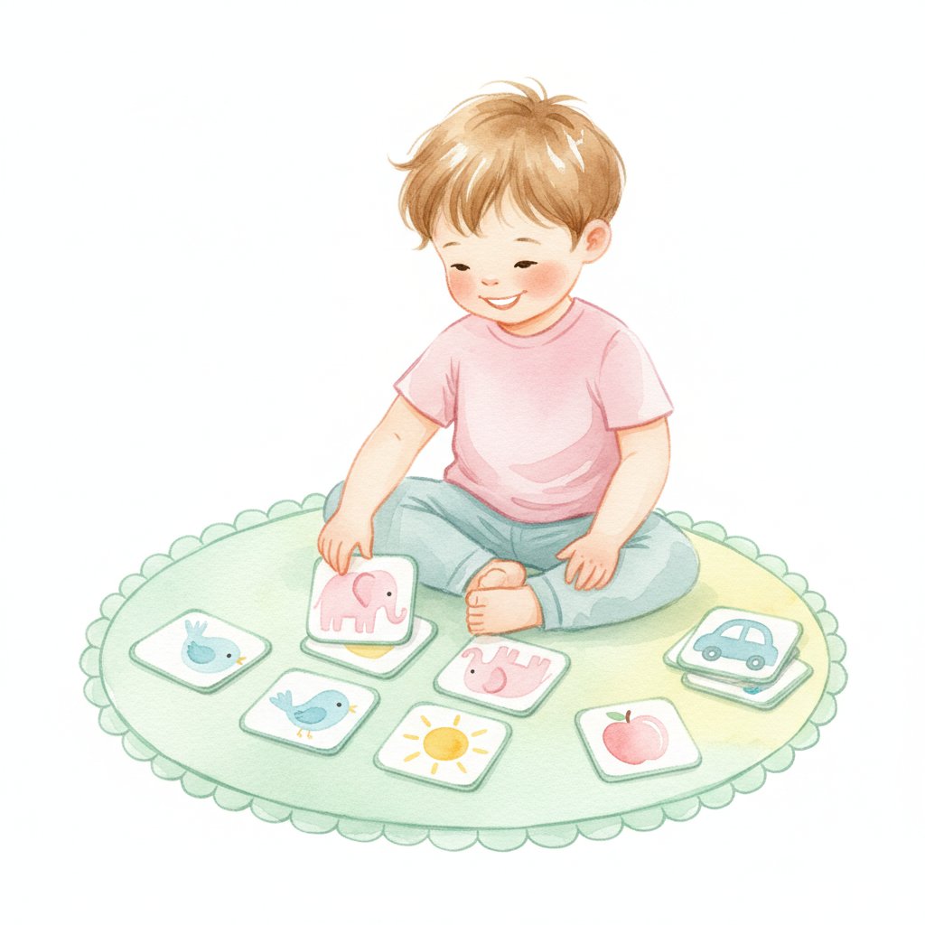Watercolor illustration of a child matching picture cards on a play mat