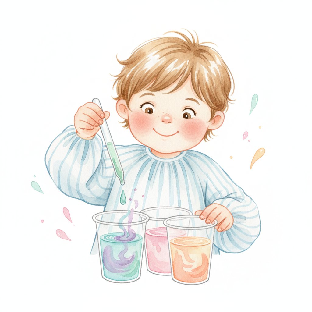 A young child using an eyedropper to mix colored water in clear cups, building the precision grip that later supports a pencil
