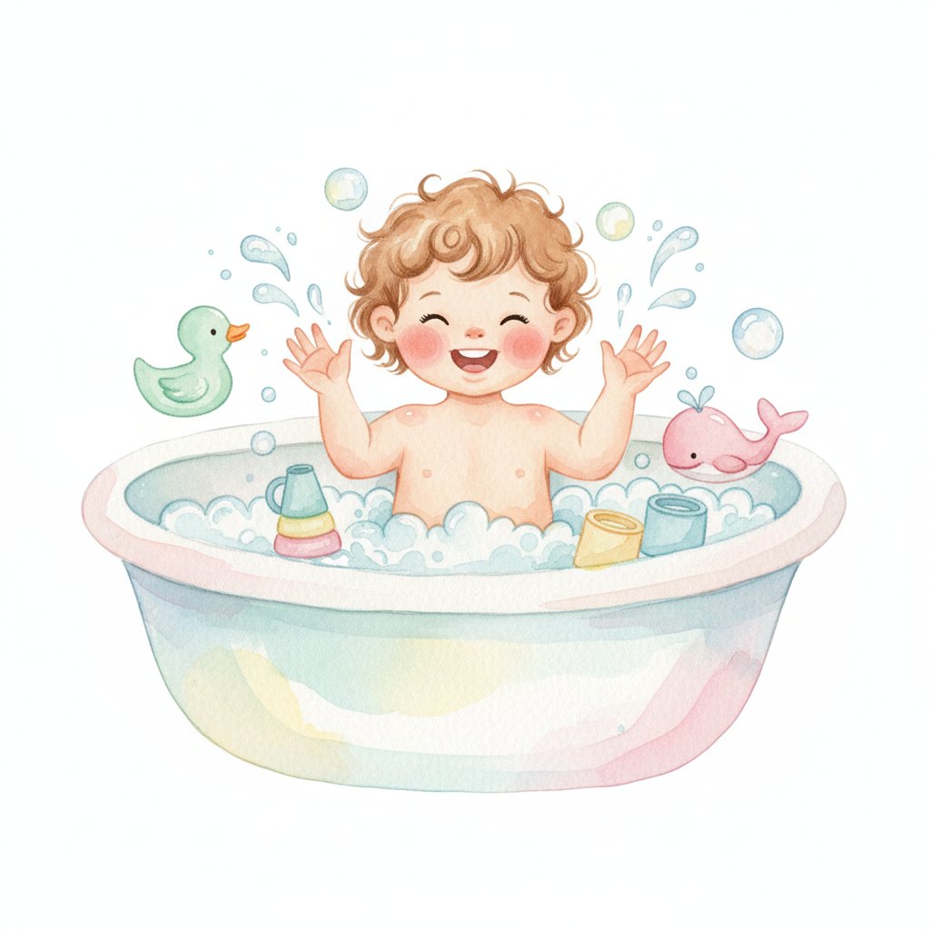Joyful toddler splashing with floating cups and toys in a bubbly bathtub