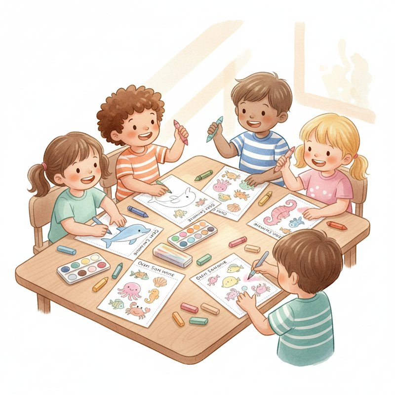 Watercolor illustration of children doing ocean-themed summer learning worksheets at a sunny table