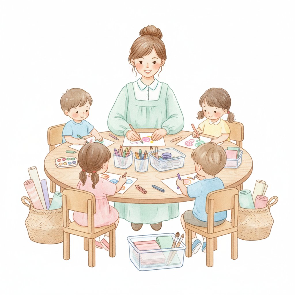 Teacher and children at an organized central art table with supply bins