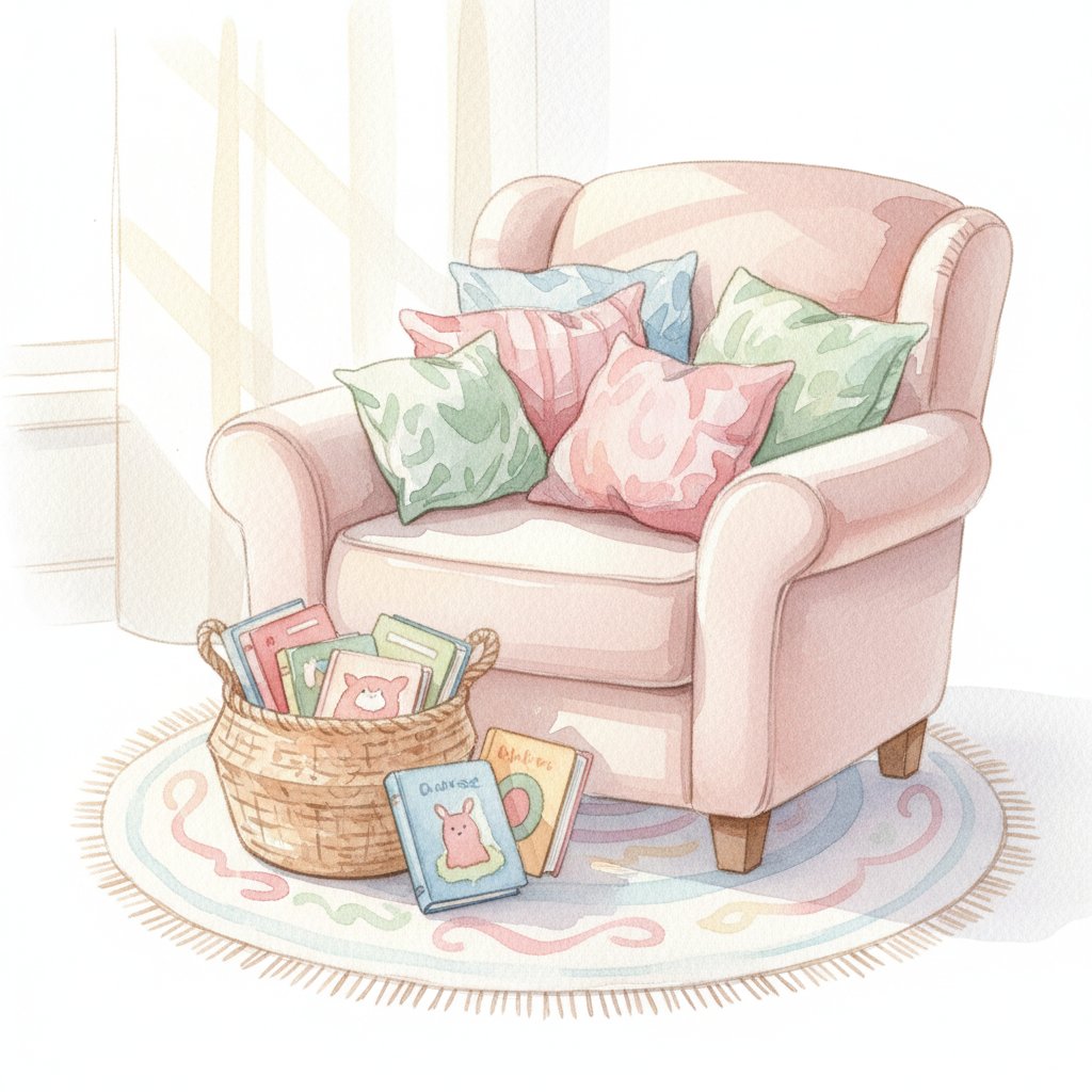 Cozy reading nook with a basket of picture books and soft cushions