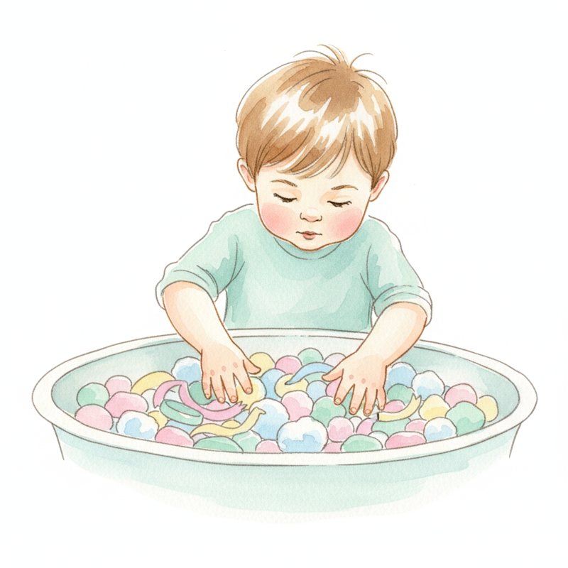 Watercolor of a child with hands buried in a sensory bin