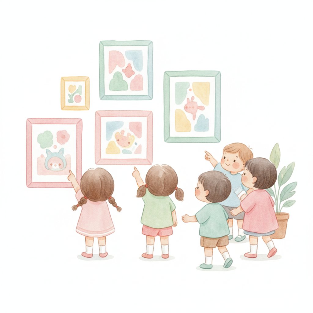 Watercolor of cheerful preschoolers on a gallery walk looking closely at art prints