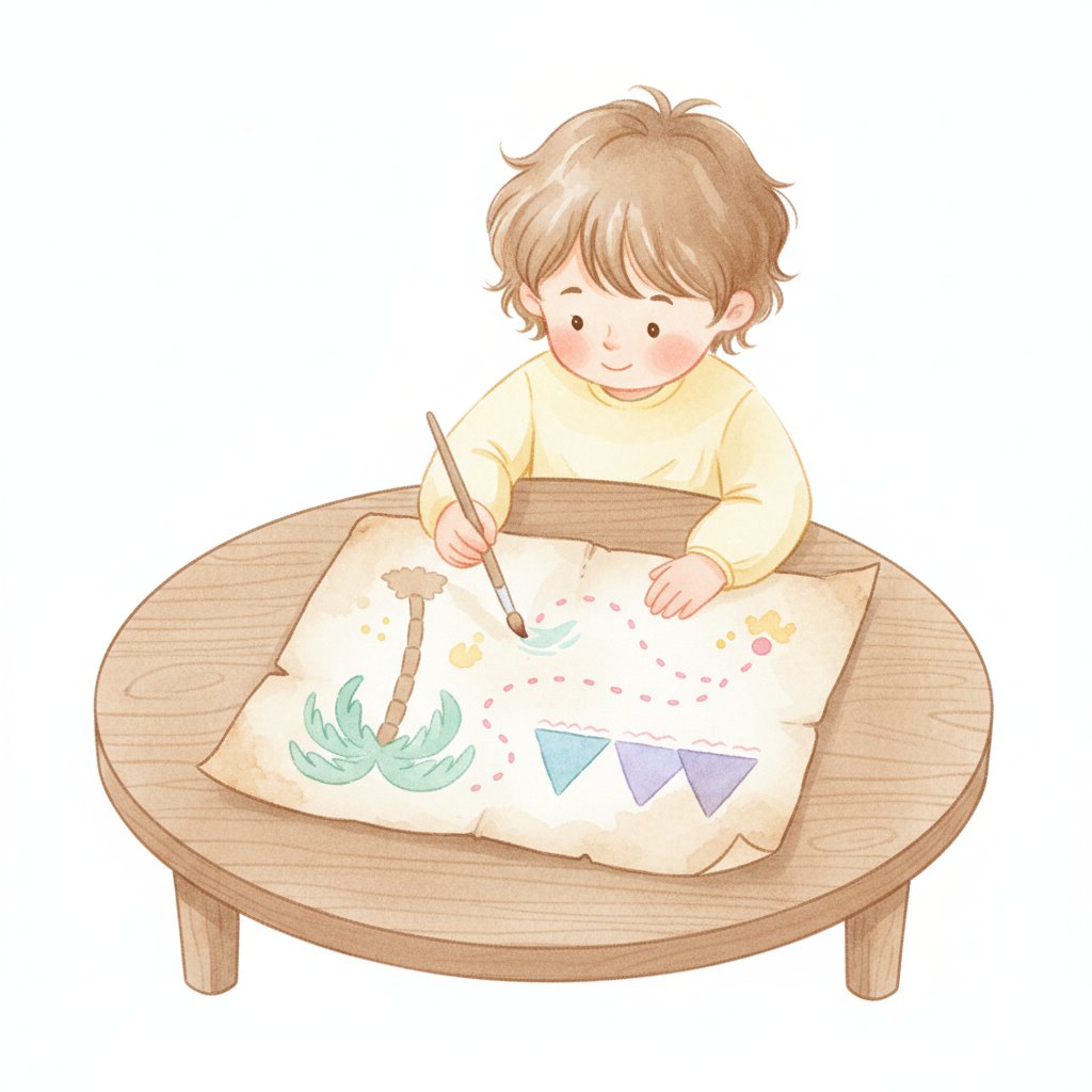 A child drawing a treasure map with landmarks and a dotted path