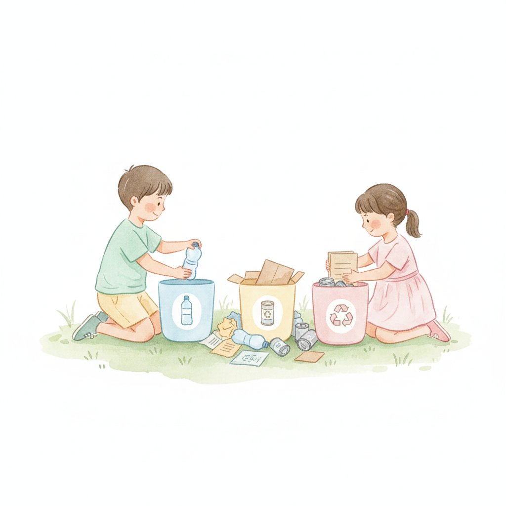 Watercolor illustration of two children sorting recyclable bottles, cans, and paper into labeled bins