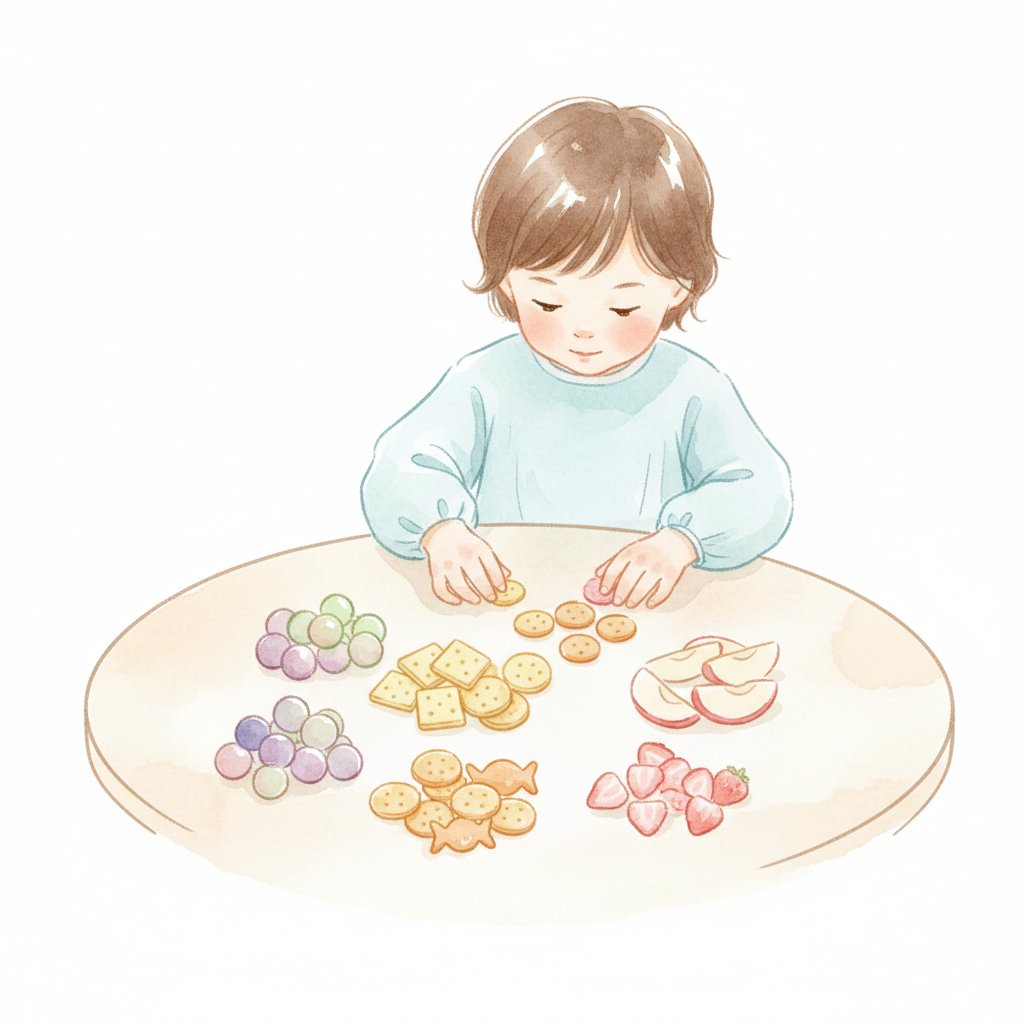 Child grouping colorful snacks by color before eating