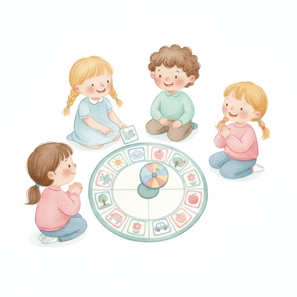 Children gathered around a bright picture-tile board game with a spinner