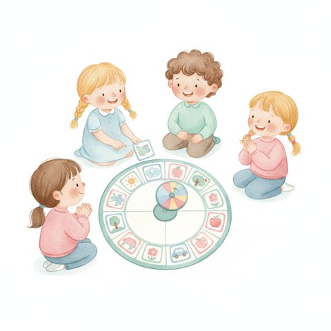 Watercolor illustration of kids gathered around a bright picture-tile board game