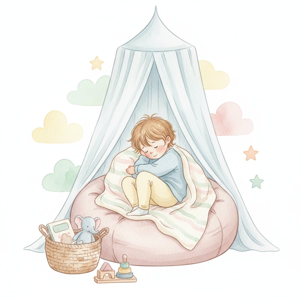 Watercolor illustration of a child sitting peacefully in a cozy calm-down corner with a soft blanket