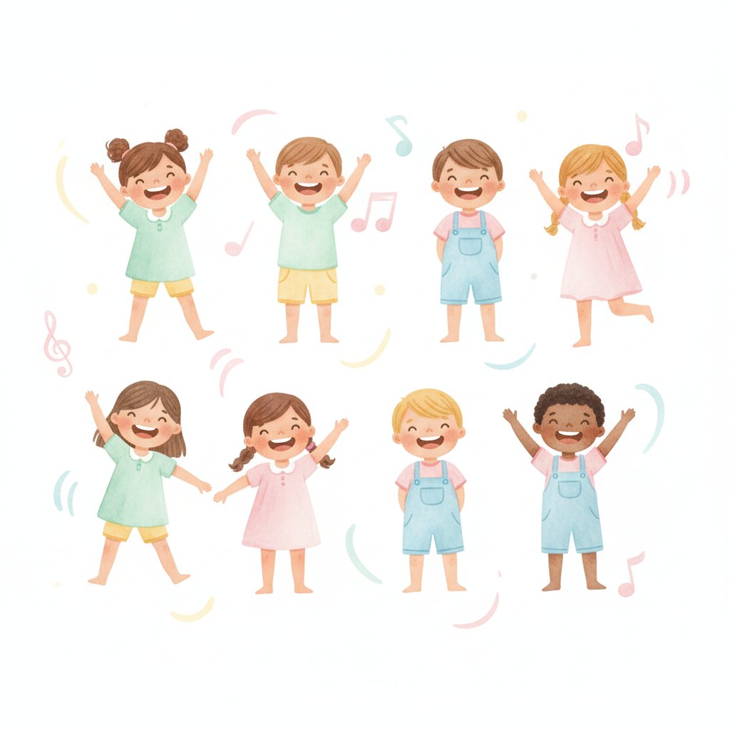 Watercolor illustration of children playing a pattern freeze dance with arms up and arms down