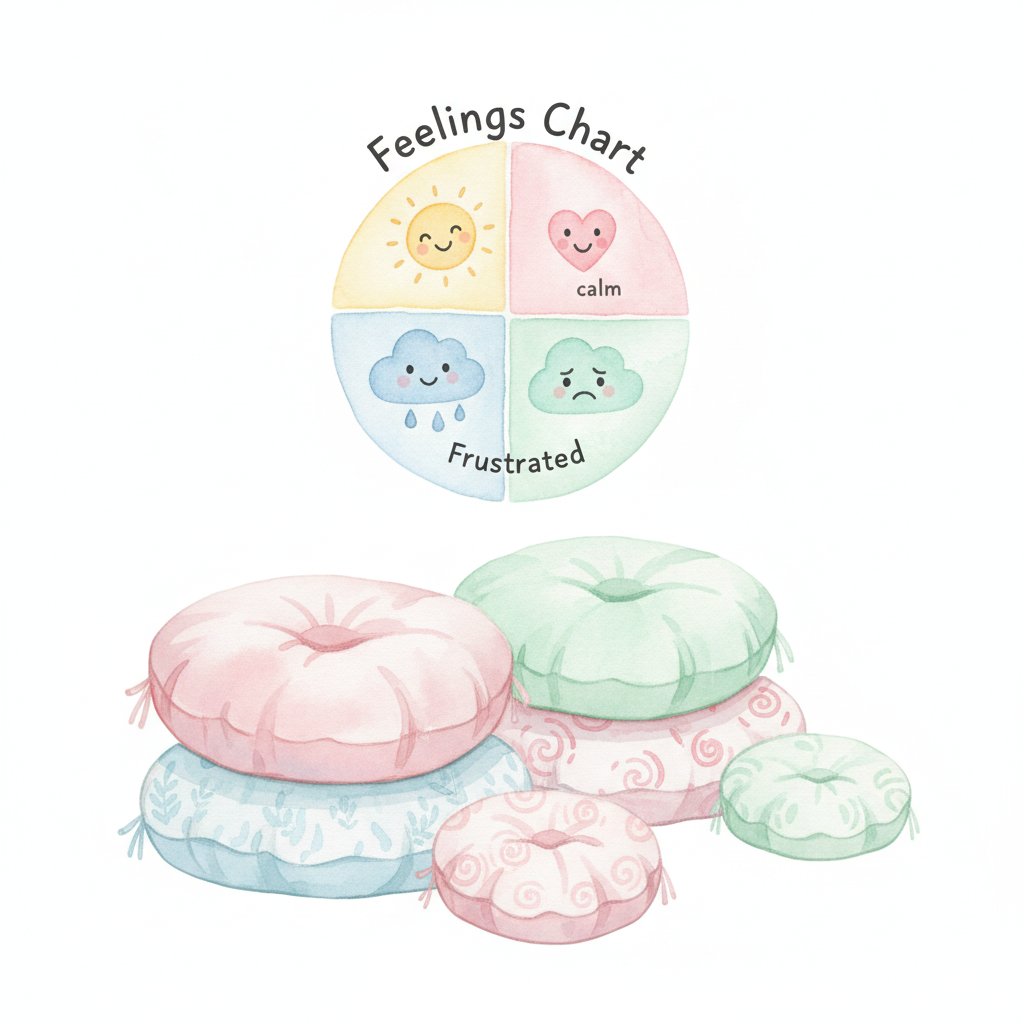a cozy classroom calm corner with a feelings chart and soft cushions