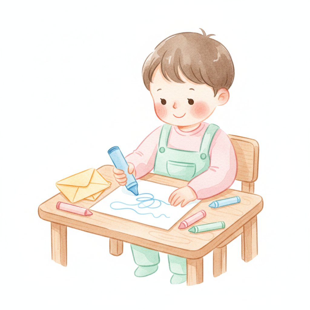 Watercolor illustration of a child writing a letter at a desk