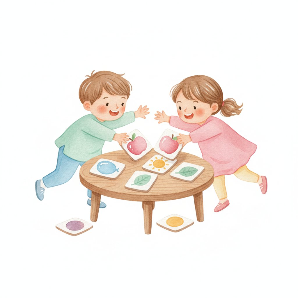 Two cheerful children racing to slap matching picture cards in a lively card game