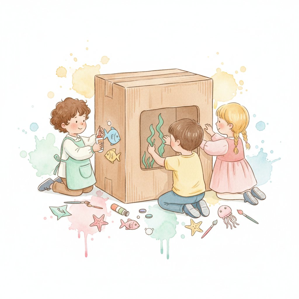 Children crafting a pretend cardboard aquarium with paper fish and seaweed