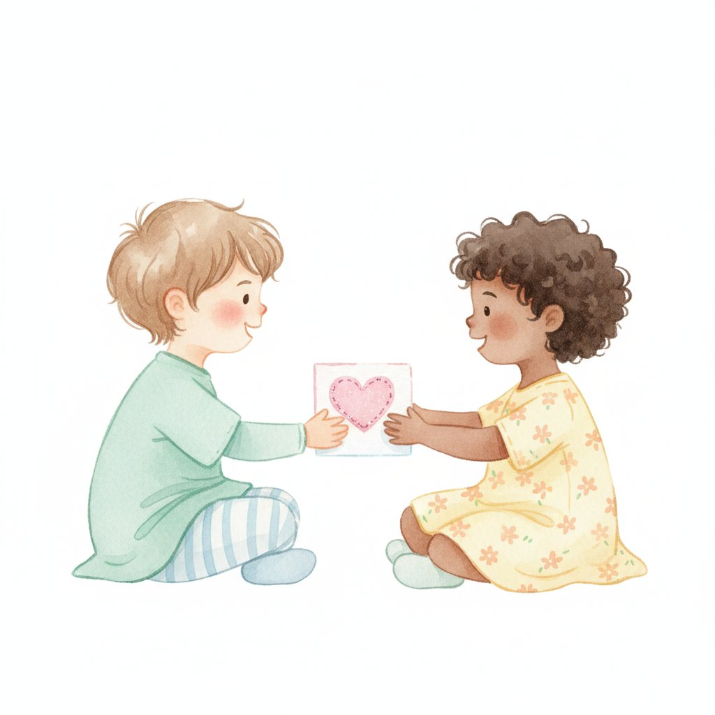 Watercolor illustration of a child handing a handmade paper heart card to a friend