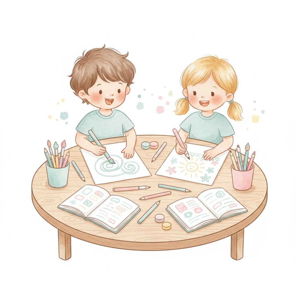 Children choosing to write and draw together at a cozy writing table
