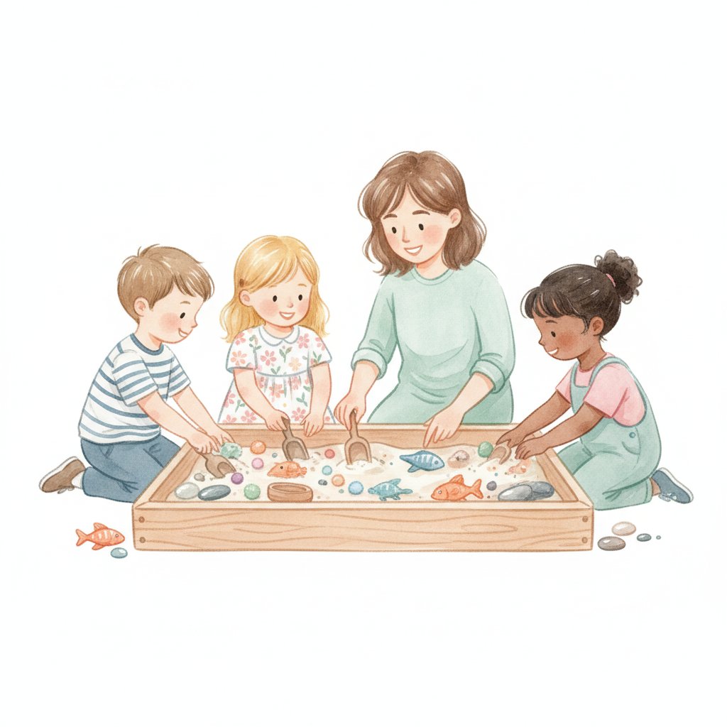A teacher and young children exploring a sensory bin together