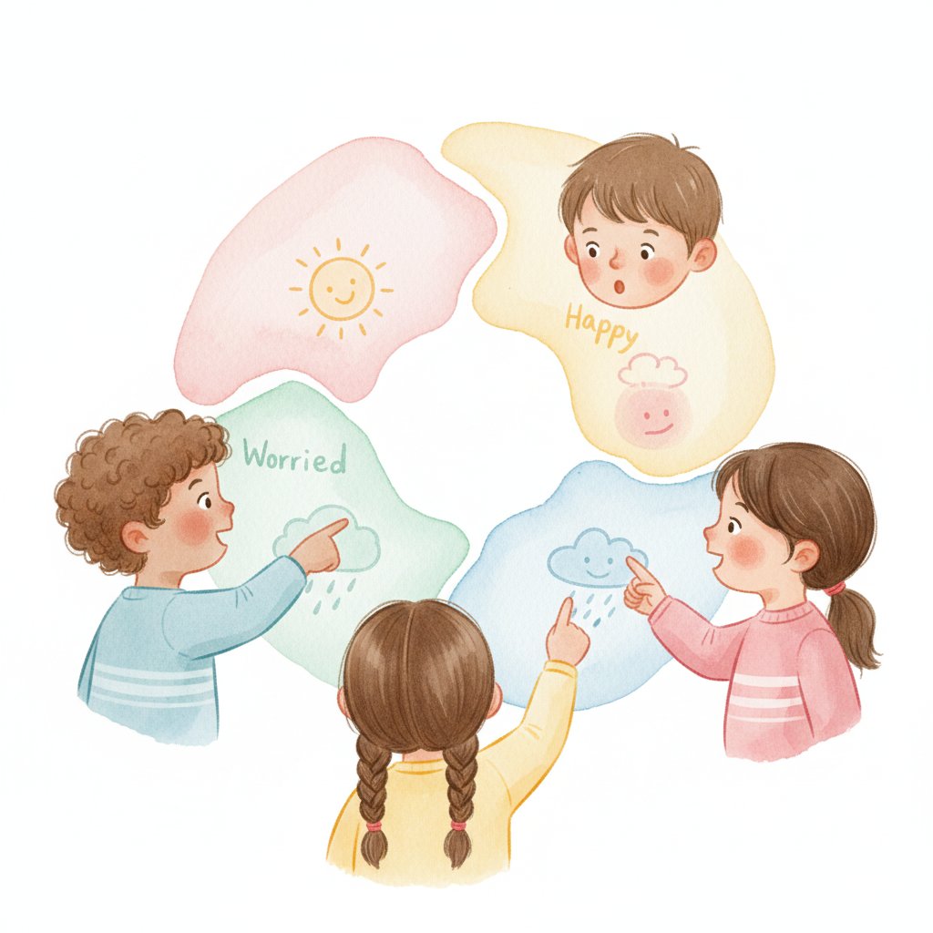 preschoolers pointing to how they feel on a colorful emotions chart each morning