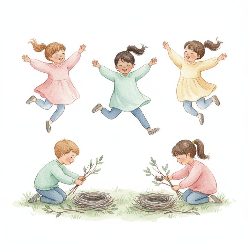Children pretending to fly like birds and building twig nests outdoors