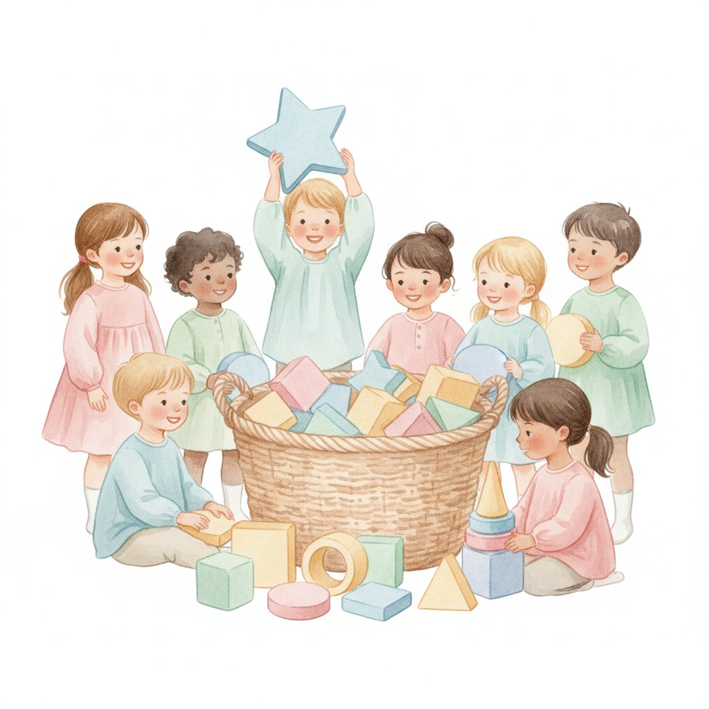 Watercolor of children exploring colorful shape blocks